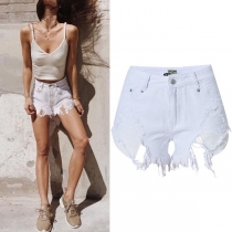 Distressed Style High Waist Irregular Ripped Hem Denim Shorts
