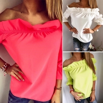 Sexy Flouncing Boat Neck Half Sleeve Solid Color Tops
