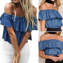 Sexy Flouncing Boat Neck Solid Color Crop Tops