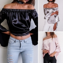 Sexy Boat Neck Trumpet-sleeve Solid Color Tops