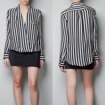 Fashion Style High-Low Hem Long Sleeves Striped V-Neckline Blouse