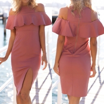 Sexy Style Off Shoulder Neckline Ruffle Slit Hem Dress