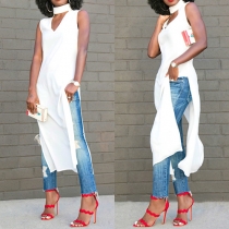 Chic Style Sleeveless V-neck Slit Hem Long T-shirt