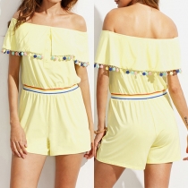 Sweet Style Pompoms Boat Neck Gathered Waist Rompers