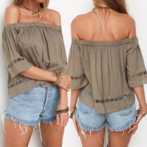 Sexy Off-shoulder Boat Neck Solid Color Tops