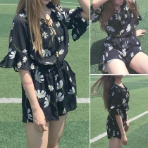 Sweet Style Lotus Sleeve Printed Chiffon Rompers