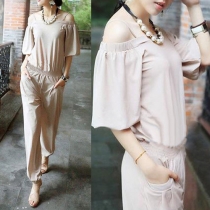 Sexy Off-shoulder Short Sleeve Gathered Waist Solid Color Jumpsuits
