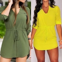 Fashion Solid Color V-neck Button-Tab Sleeve Irregular Hem Drawstring Waist Dress