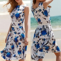 Sweet Round Neck Sleeveless Printed Dress with White Waist Strap