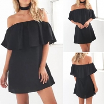 Trendy Solid Color Choker Neckline Off Shoulder Ruffle Dress