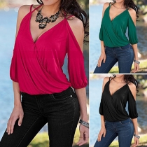 Sexy Solid Color V-neck Cold Shoulder Backless Sling Tops