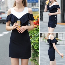 Sexy Off-shoulder Side Single-breasted Slim Fit Contrast Color Dress