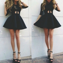 Elegant Solid Color Half Sleeve Round Neck Hollow Out Dress