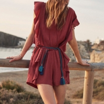 Sweet Lotus Sleeve V-neck Solid Color Rompers