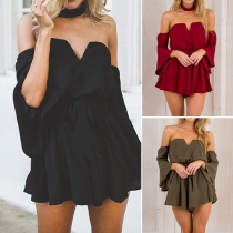 Sexy Off-shoulder V-neck Trumpet Sleeve Solid Color Rompers