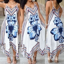 Ethnic Style V-neck Irregular Hem Printed Sling Maxi Dress