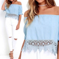 Sexy Boat Neck Lace Spliced Hem Crop Tops
