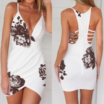 Sexy Backless Deep V-neck Irregular Hem Printed Sling Dress