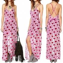 Sexy Backless V-neck Slit Hem Printed Sling Maxi Dress