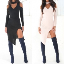 Sexy Off-shoulder Deep V-neck Slit Hem Long Sleeve Sheath Dress