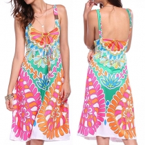 Sexy Backless Deep U-neck Sleeveless Printed Dress