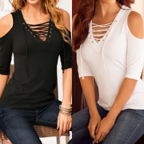 Sexy Off-shoulder Lace-up V-neck Half Sleeve Solid Color T-shirt