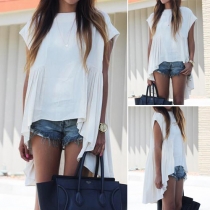 Fashion Solid Color Round Neck High-low Hem Short Sleeve Tops