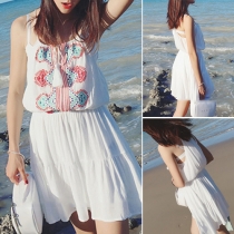 Fresh Style Gathered Waist Embroidered Chiffon Dress