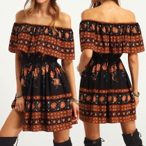 Sexy Boat Neck Gathered Waist Printed Dress