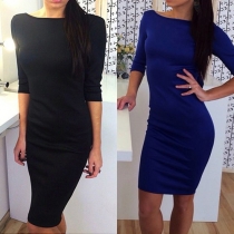 Sexy Bowknot Backless 3/4 Sleeve Solid Color Slim Fit Dress