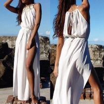 Sexy Off-shoulder Slit Hem Solid Color Beach Maxi Dress