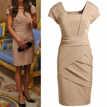 OL Style Short Sleeve Square Collar Solid Color Slim Fit Dress