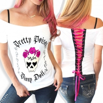 Sexy Style Off-The-Shoulder Short Sleeves Lace-Up Back Floral Print Top