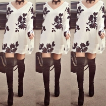 Fashion Style A-Line V-Neckline Long Sleeves Floral Print Dress