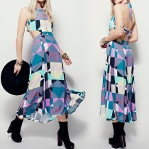 Fashion Style Abstract Print Open-Back Halter Maxi Dress