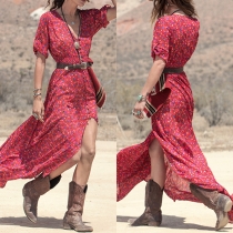 Fashion Style V-Neckline Short Sleeves Floral Print Maxi Dress