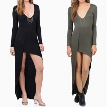 Fashion Style V-Neckline Long Sleeves High-Low Hemline Dress