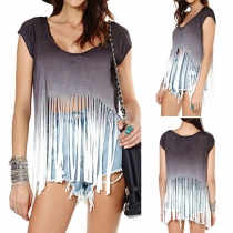Fashion Style Round Neckline Sleeveless Tassel Gradient Crop Top