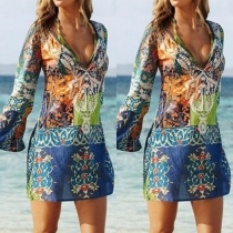 Sexy Style Deep V-Neck Long Sleeves Floral Print Chiffon Dress