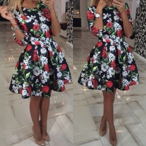 Fashion Style Round Neckline 3/4 Sleeves Floral Print Flare Dress