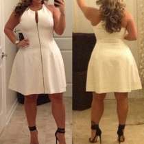 Sexy Style Plus Size Notched Neckline Sleeveless Zipper-Front Dress
