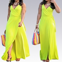 Sexy Deep V-Neck Sleeveless High-Slit Belted Surplice Maxi Dress