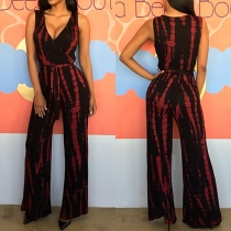 Sexy Deep V-Neck Sleeveless Drawstring Floral Print Jumpsuit