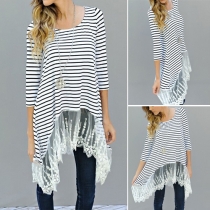 Stylish Scoop Neckline Long Sleeves Lace Spliced Striped Shirt Dress