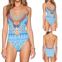 Crisscross-Back Ethnic Print One Piece Swimsuit