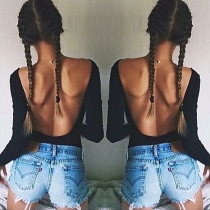 Sexy Solid Color Long Sleeves Open-Back Bodysuit