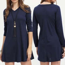Fashion Solid Color V-Neckline Long Sleeves Swing Dress