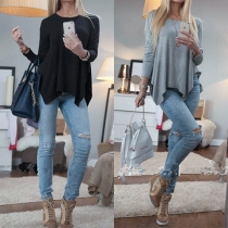 Fashion Solid Color Round Neckline Long Sleeves Irregular Hemline T-Shirt