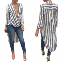 Stylish Deep V-Neckline High-Low Hem Surplice-Front Striped Longline Top
