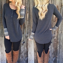 Fashion Scoop Neckline Long Sleeves Button-Front T-Shirt